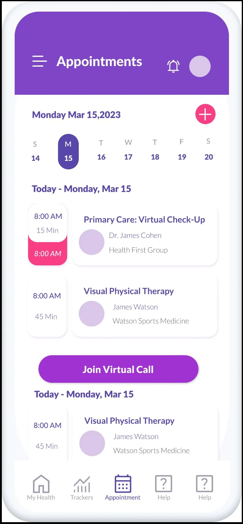 Mobile patient Appointments screen on a phone frame. Header shows Monday Mar 15 2023 with a horizontal weekday calendar (S 14, M 15 selected, T 16, W 17, T 18, F 19, S 20). Today's appointments list two cards: 8:00 AM 15-minute Primary Care Virtual Check-Up with Dr James Cohen of Health First Group highlighted as the active 8:00 AM slot, and 8:00 AM 45-minute Visual Physical Therapy with James Watson of Watson Sports Medicine. A purple Join Virtual Call button spans the width. Below, a third 8:00 AM Visual Physical Therapy appointment is shown.