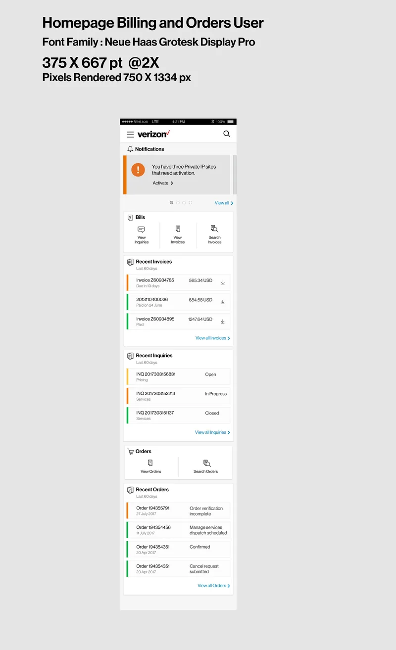 Mobile Verizon B2B portal Billing and Orders home screen on an iOS phone frame. Top notification card alerts You have three Private IP sites that need activation with an Activate action. Bills section shows three actions — View Inquiries, View Invoices, Search Invoices. Recent Invoices list (last 60 days): Invoice Z60934785 due in 10 days for 565.34 USD (orange status strip), 2013110400026 paid June 24 for 684.58 USD, Invoice Z60934895 paid for 1,247.64 USD, with View All Invoices link. Recent Inquiries list: INQ 2017303156831 Pricing Open, INQ 2017303152213 Services In Progress, INQ 2017303151137 Services Closed. Orders section: View Orders, Search Orders. Recent Orders list: Order 194355791 (27 July 2017, Order verification incomplete), Order 194354456 (Manage services dispatch scheduled), Order 194354351 Confirmed, Order 194354351 Cancel request submitted.